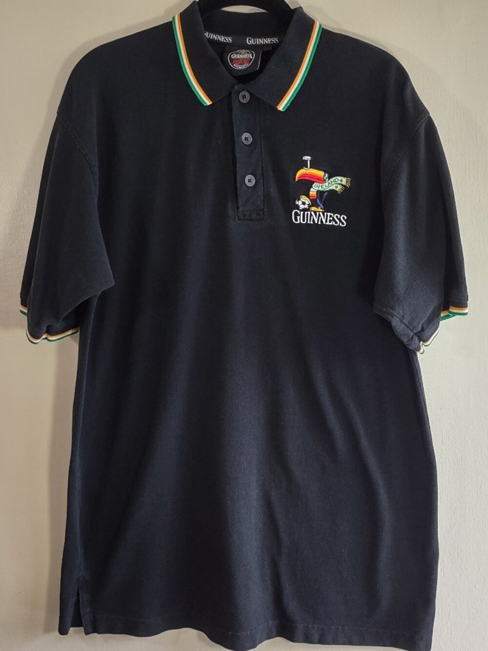 Guinness Ireland Toucan Polo Shirt Men's Large Black w/ Stripes Soccer Football - Picture 2 of 12